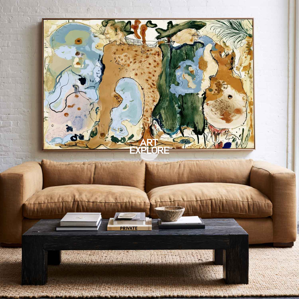 Abstract Brown And Green Canvas Painting With Blue Accents Hand-Painted Wall Art
