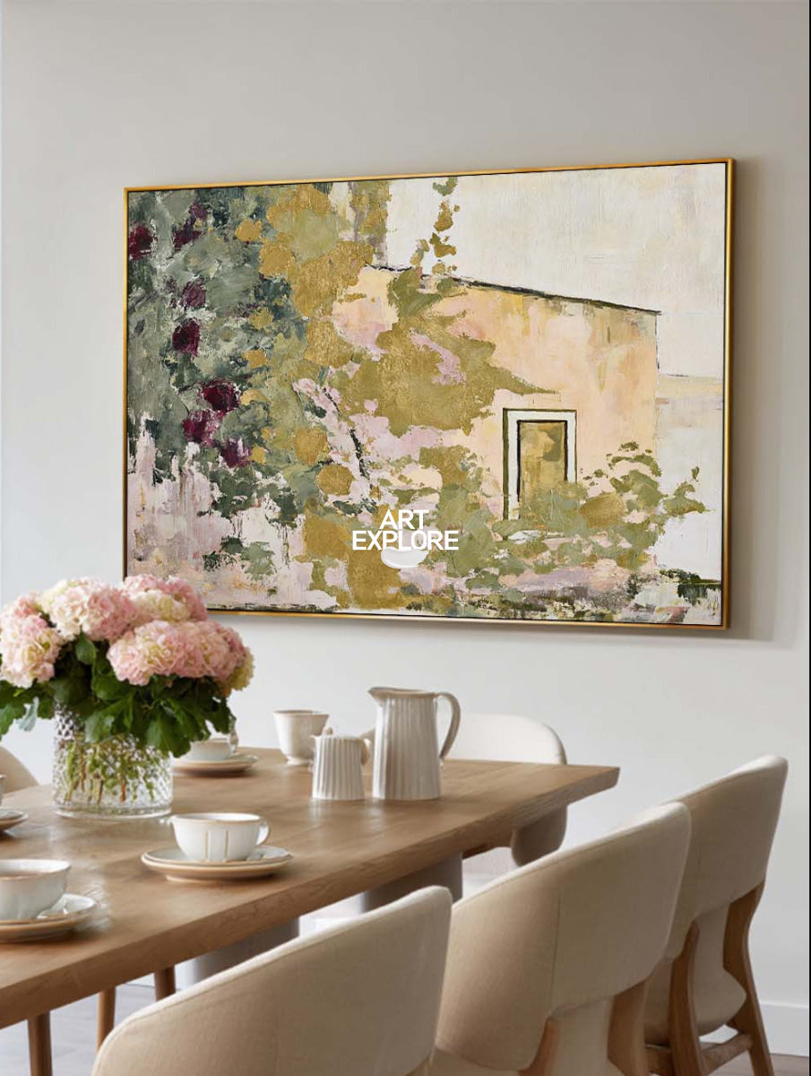 Abstract Floral Landscape Canvas Painting With Beige And Green Tones For Modern Walls