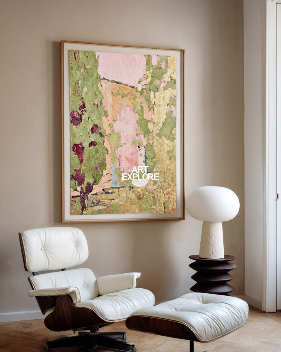 Abstract Garden Landscape Painting Green Pink Hand-Painted Canvas Art