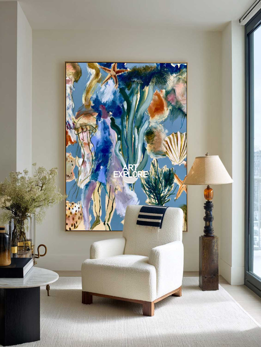 Abstract Seascape Canvas Painting With Starfish And Shells In Blue Green Tones