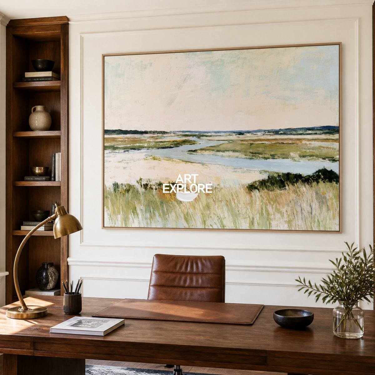 Hand-Painted Coastal Landscape Canvas Art In Warm Beige And Blue Tones