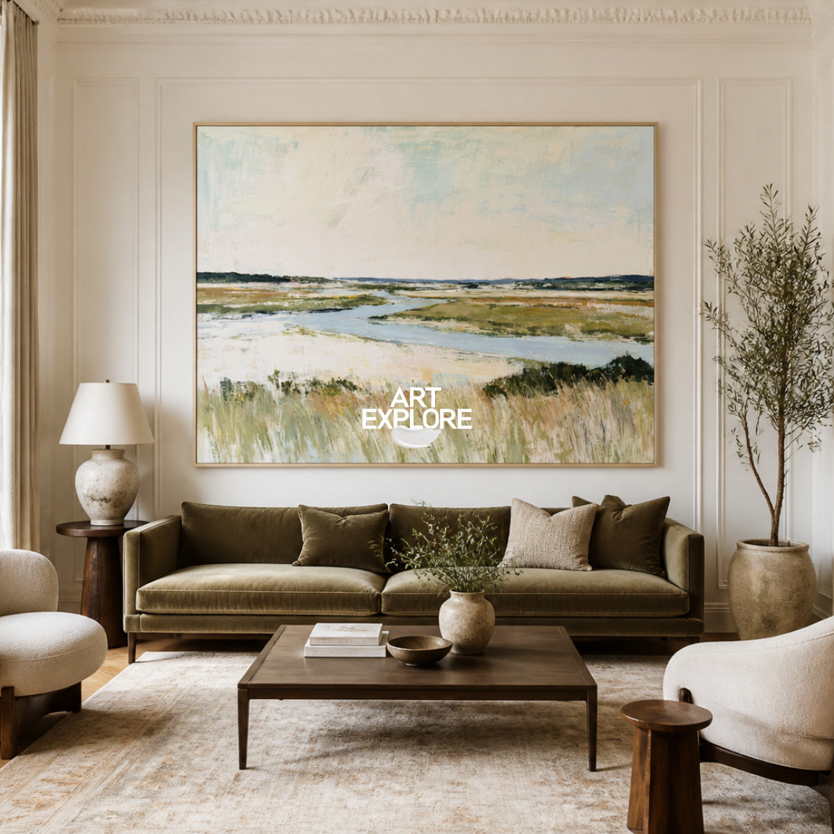 Hand-Painted Coastal Landscape Canvas Art In Warm Beige And Blue Tones