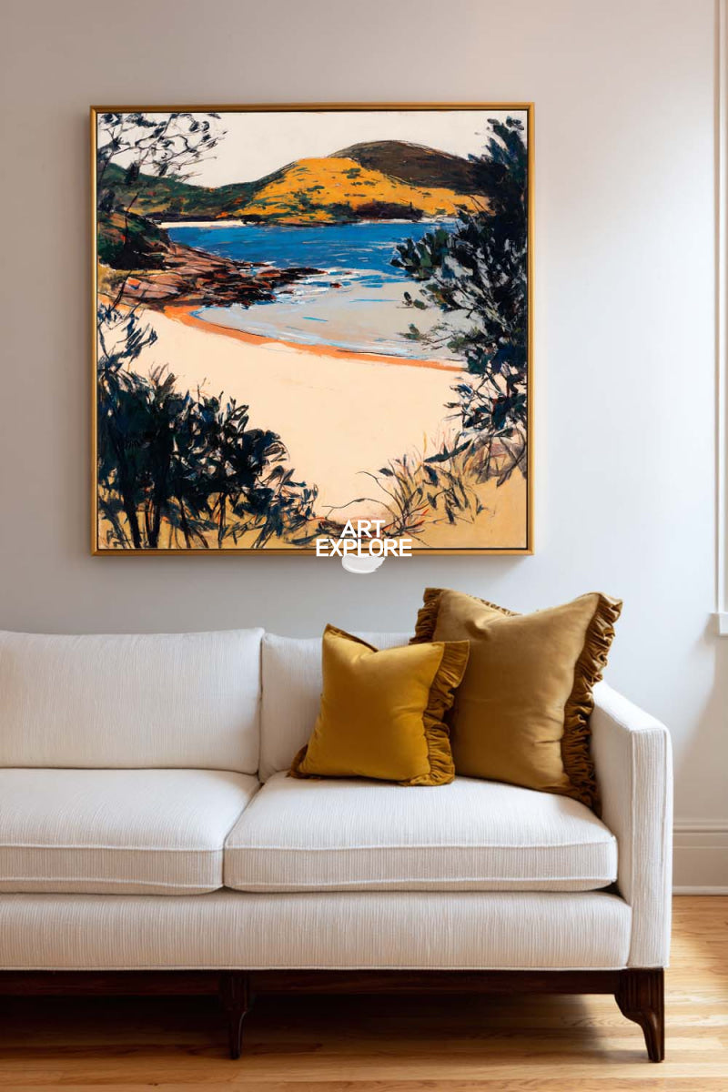 Abstract Lake Landscape Canvas Painting With Warm Golden Hills And Blue Water