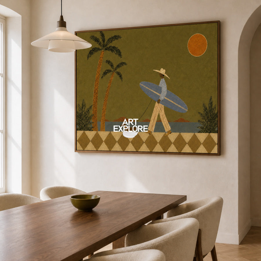 Surfer And Dog Folk Art Canvas Painting Green Coastal Wall Decor