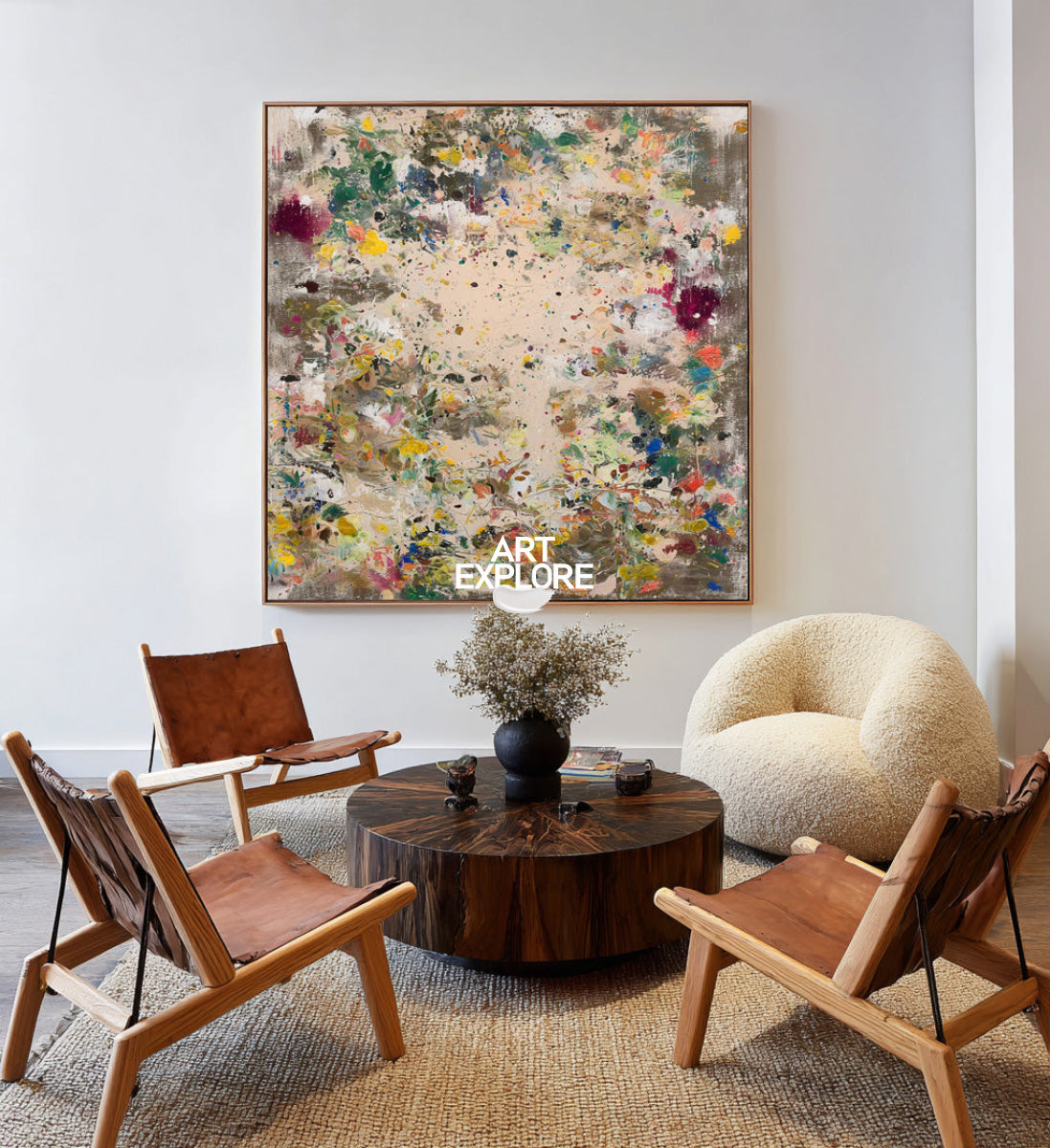 Abstract Beige And Brown Canvas Painting With Colorful Splashes