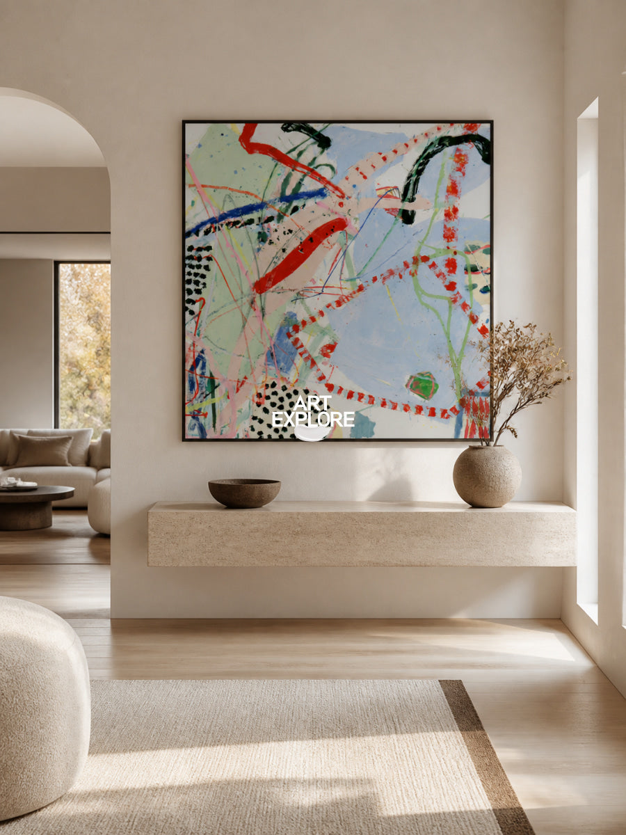 Colorful Abstract Canvas Painting With Red And Blue Lines For Modern Wall Art