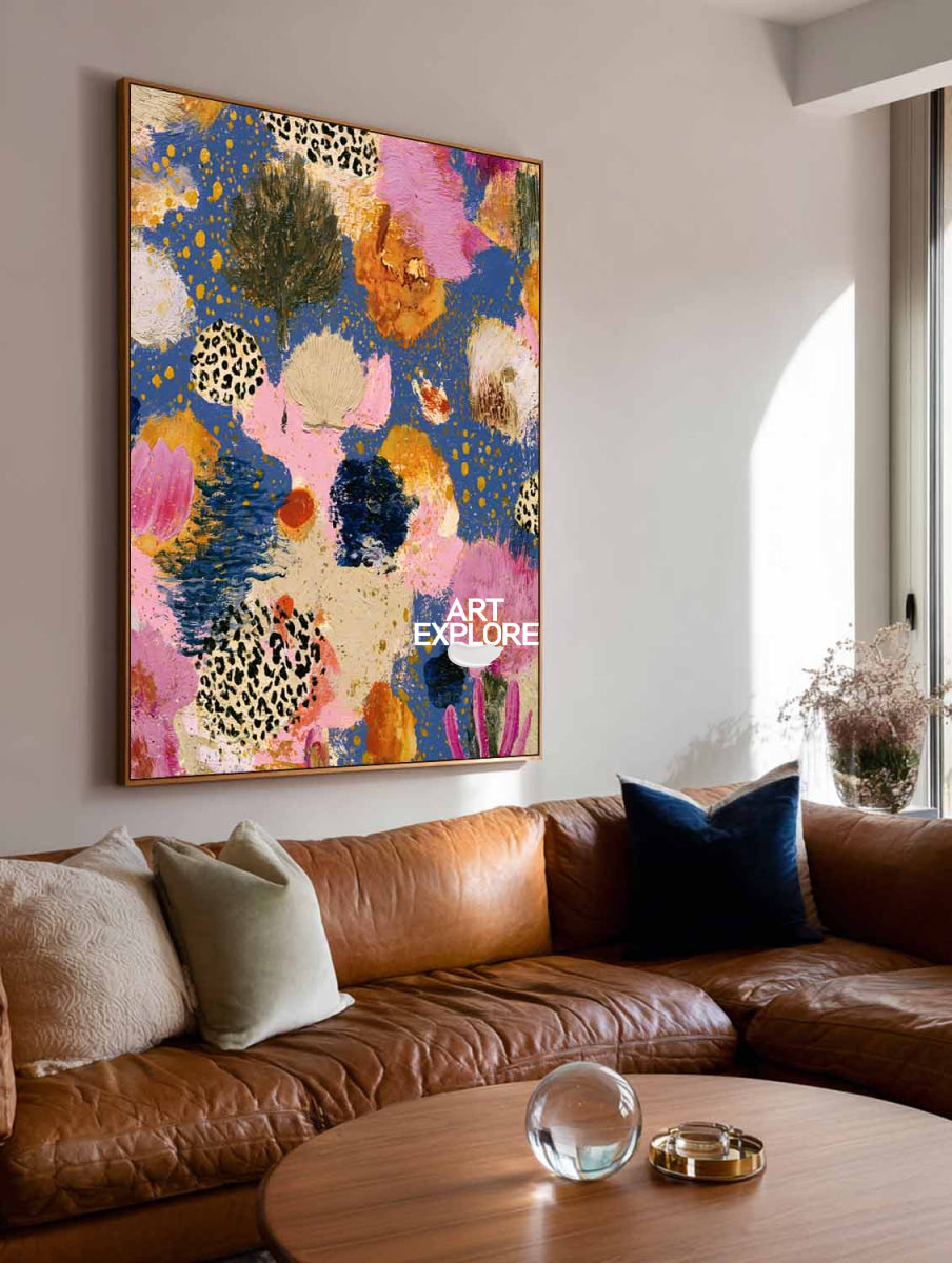 Contemporary Pop Art Style Canvas With Textured Pink And Blue Flowers