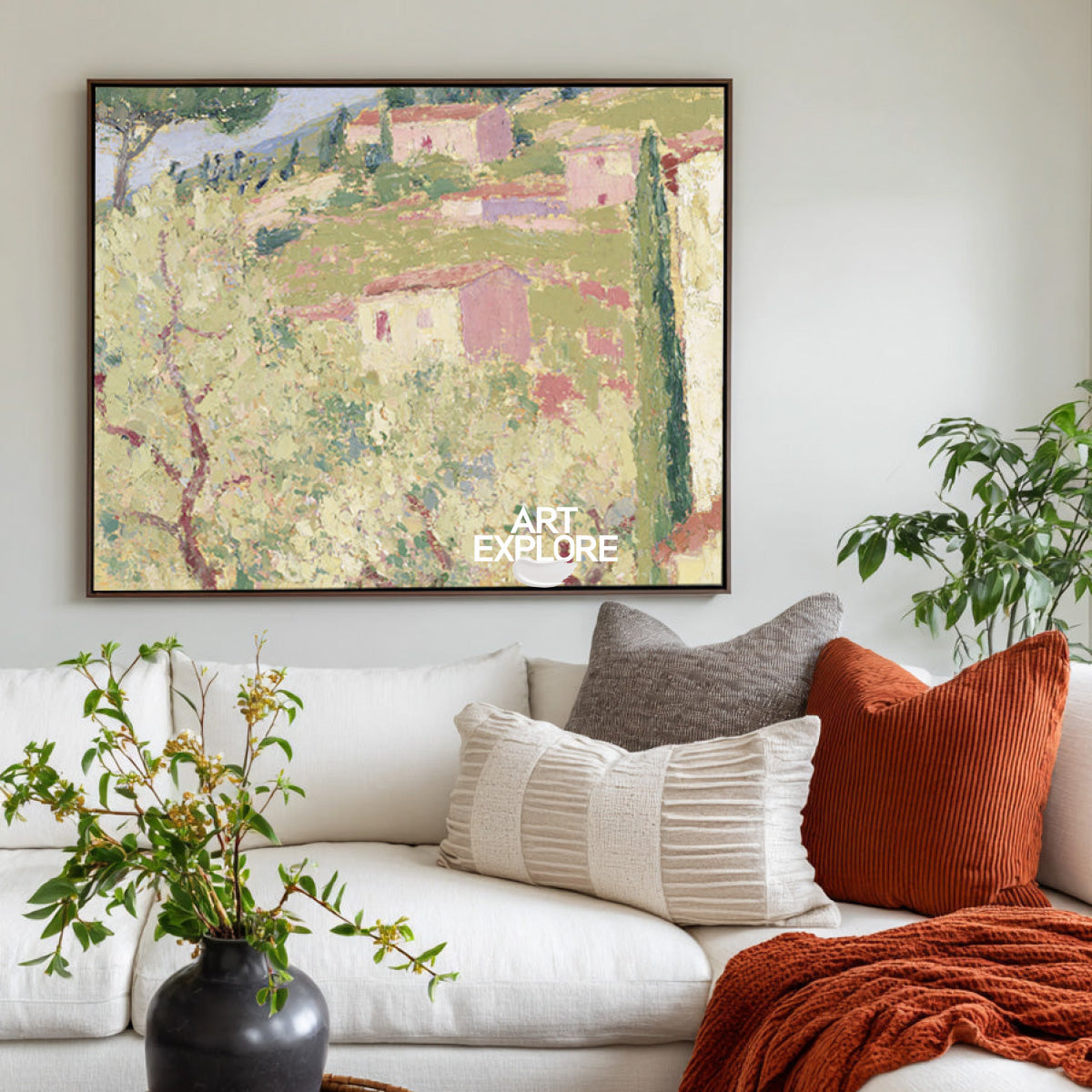 Impressionist Style Rustic Village Wall Art In Pink And Green For Living Room