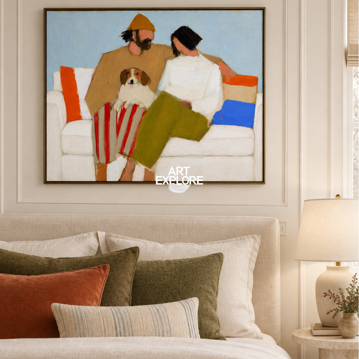 Abstract Couple And Dog Painting On Canvas For Modern Home Decor