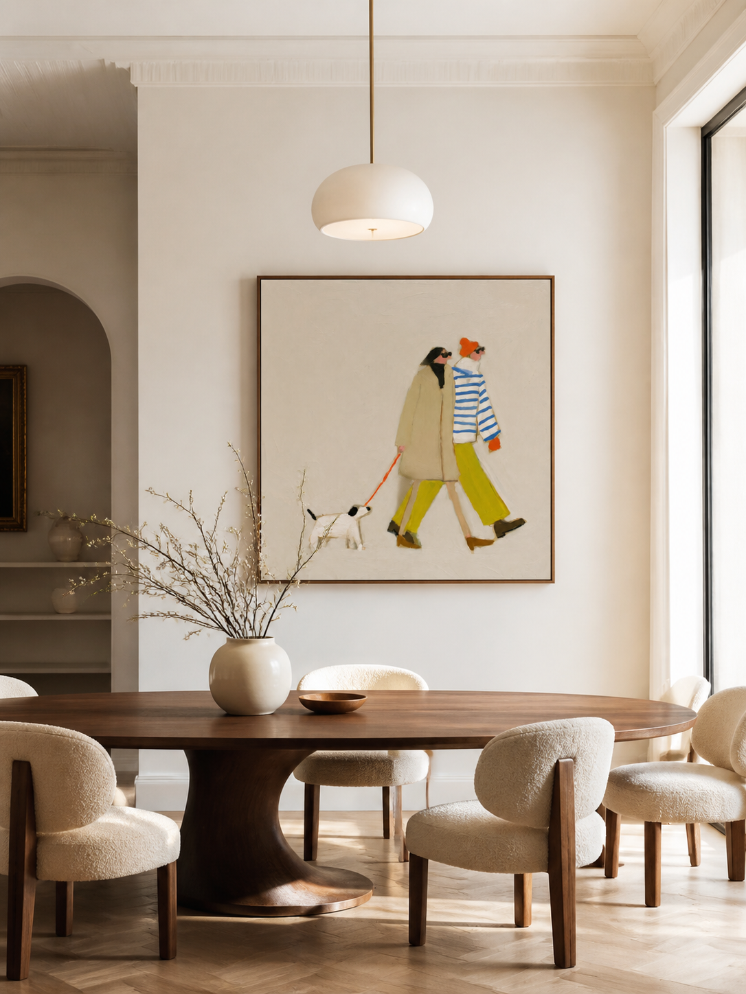 Dog Walking Couple Artwork Square Canvas Print With Vibrant Accents For Entryway