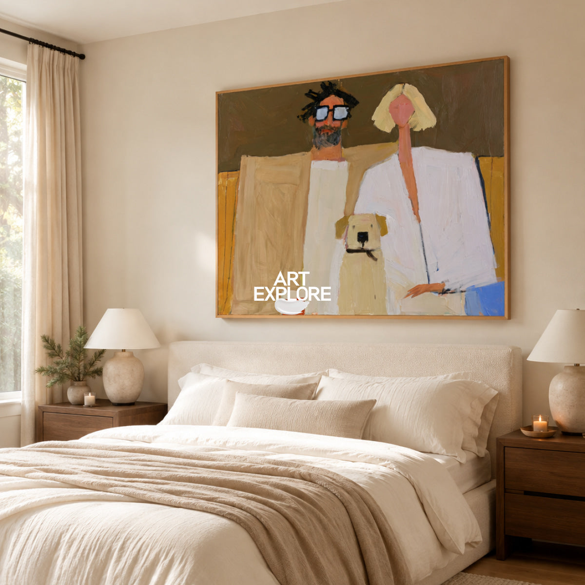 Minimalist Contemporary Art With Dog And Couple Warm Earthy Colors