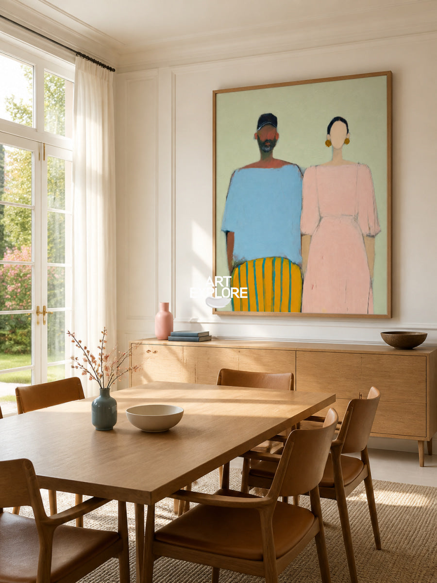 Modern Abstract Couple Painting Blue Pink Original Art For Living Room