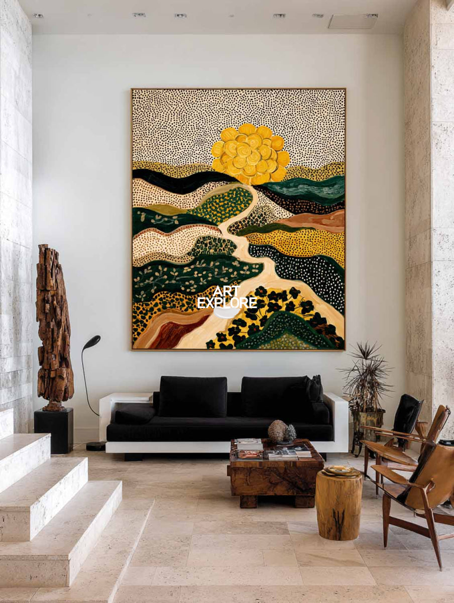 Abstract Landscape Painting Beige And Green With Golden Sun For Modern Living Room Decor
