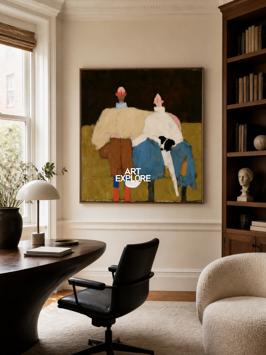 Contemporary Square Oil Painting Of Couple With Pet In Brown Blue For Living Room Decor