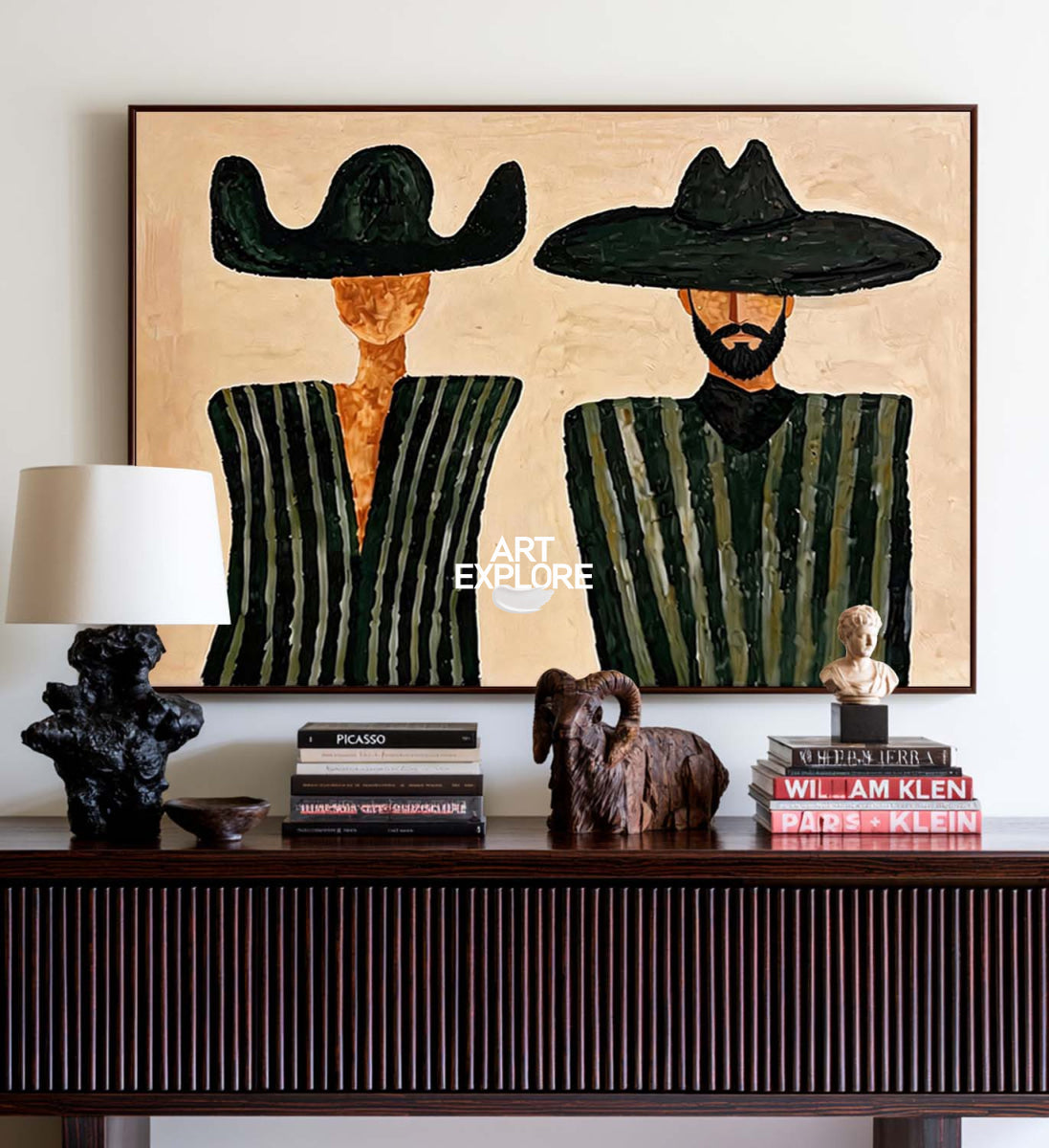 Minimalist Beige Cowboy Painting Horizontal Canvas Wall Art For Living Room And Office Decor