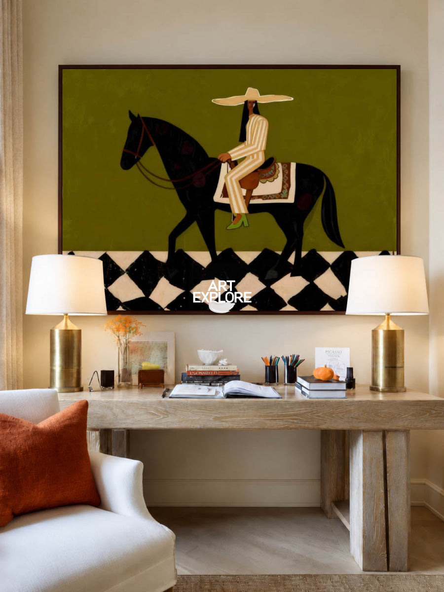 Stylized Black Horse And Rider Art Print Geometric Pattern Wall Decor For Entryway