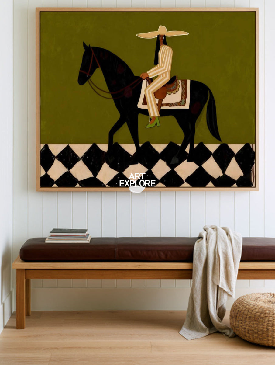 Stylized Black Horse And Rider Art Print Geometric Pattern Wall Decor For Entryway