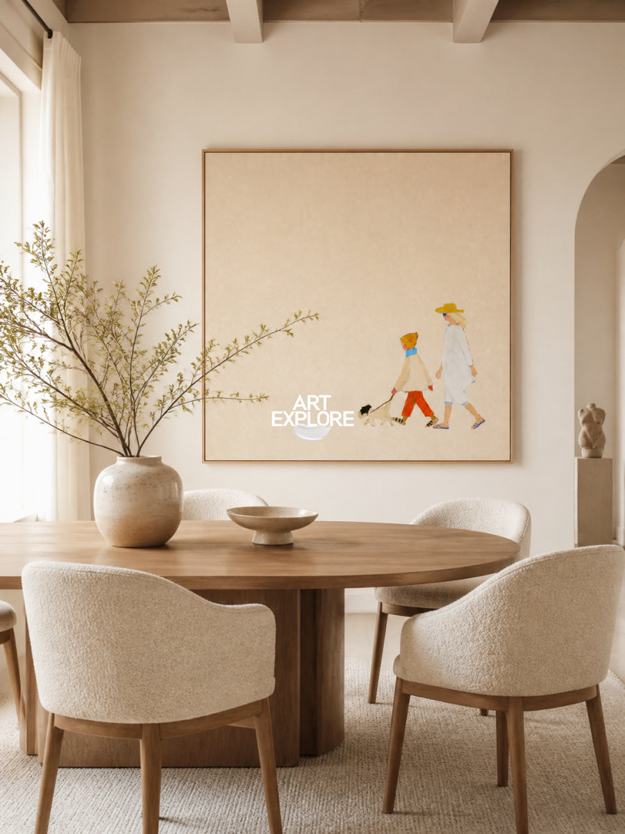 Minimalist Mother Child Dog Painting Beige Square Canvas Wall Art For Nursery