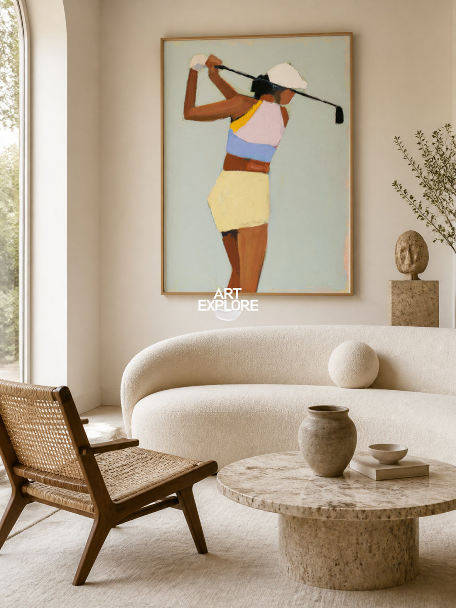 Abstract Golfer Painting Hand-Painted Canvas Wall Art In Green And Pastel Colors