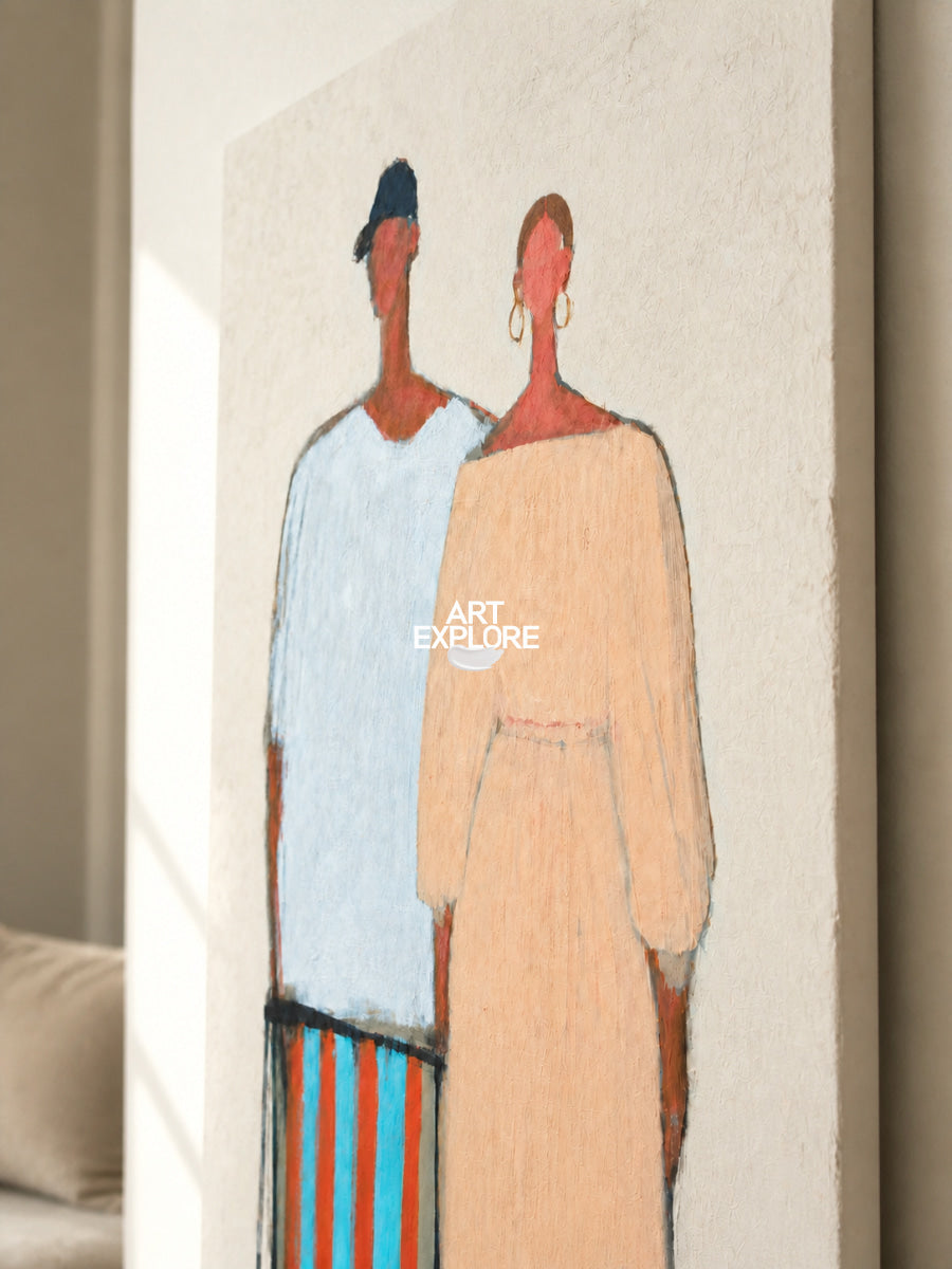 Abstract Figure Painting In Beige And Blue And Beige For Living Room Wall Art