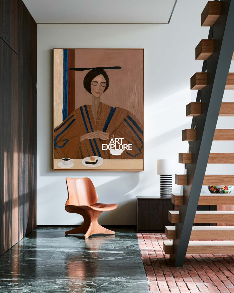Modern Elegant Woman Portrait Canvas Painting In Brown And Blue Tones