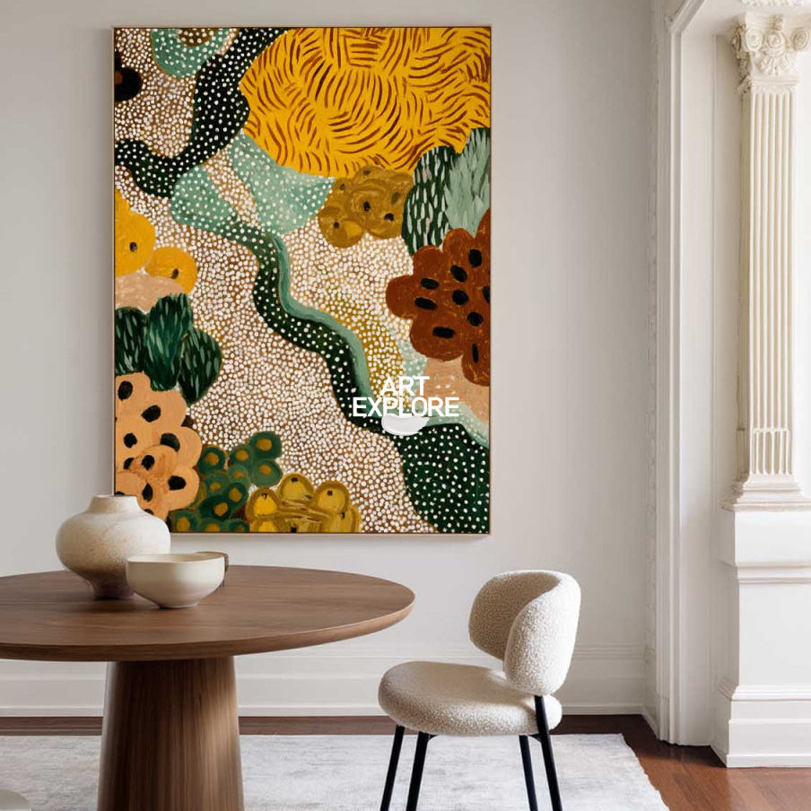Hand Painted Folk Abstract Art With Green And Yellow Tones For Modern Living Room Decor