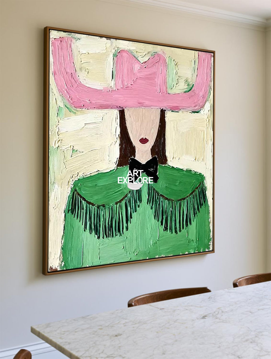 Charming Folk Art Painting With Pink Hat And Green Shawl For Modern Home Decor