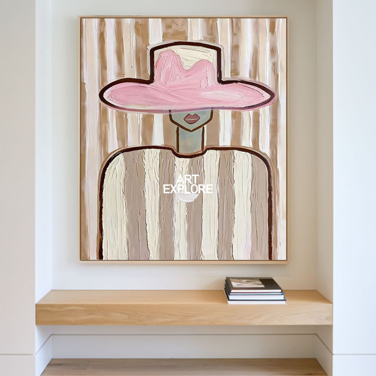 Minimalist Pink Hat Portrait Painting Brown Beige Abstract Wall Art For Living Room Vertical Canvas