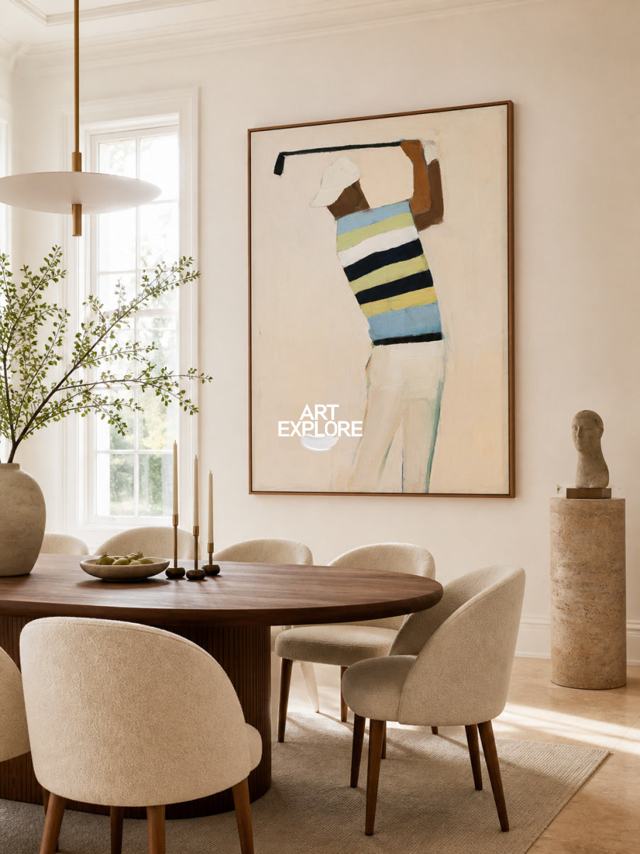 Modern Sports Wall Art For Office Abstract Golfer Painting In Beige