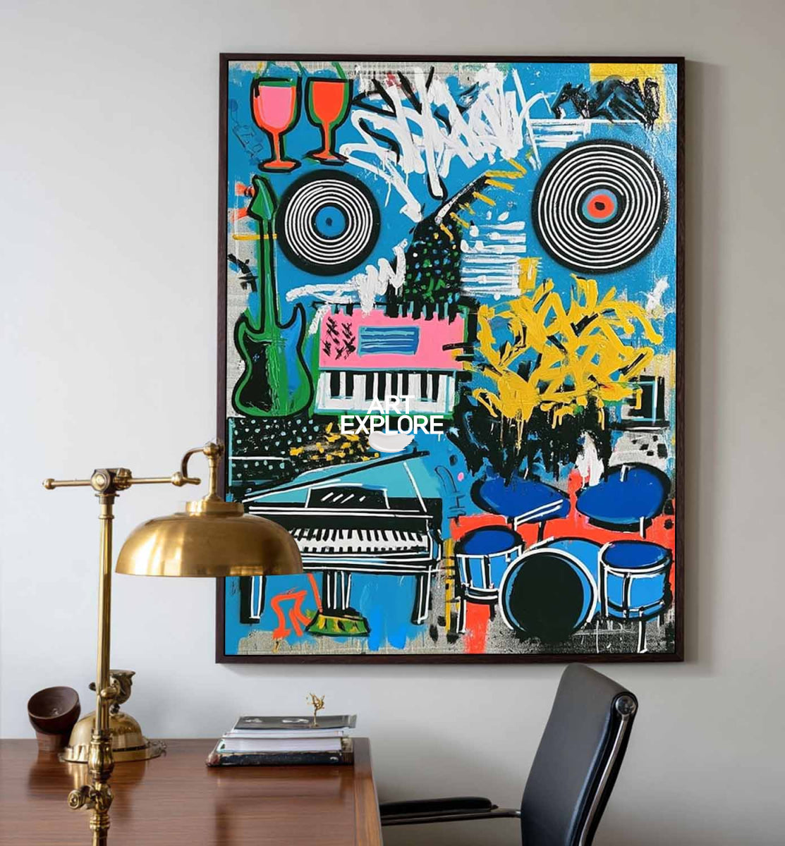 Vibrant Graffiti Music Painting With Blue Urban Jazz Instruments For Modern Home Decor