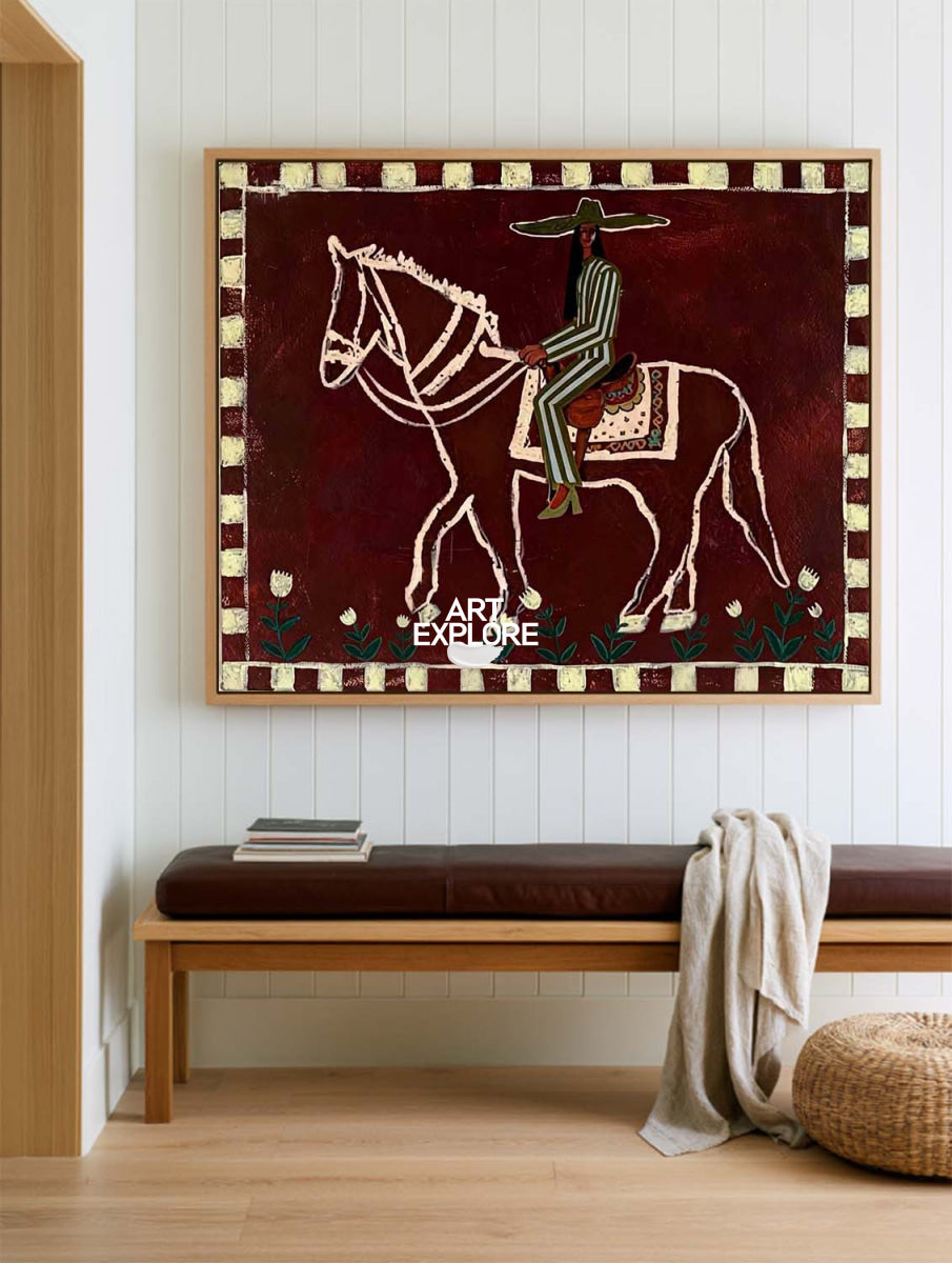 Original Folk Art Painting Of Horse And Rider In Red For Living Room Decor