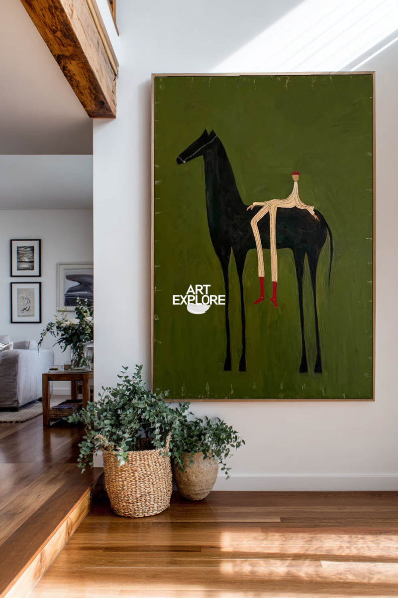 Minimalist Horse Painting Green Abstract Folk Art Canvas For Modern Home Decor