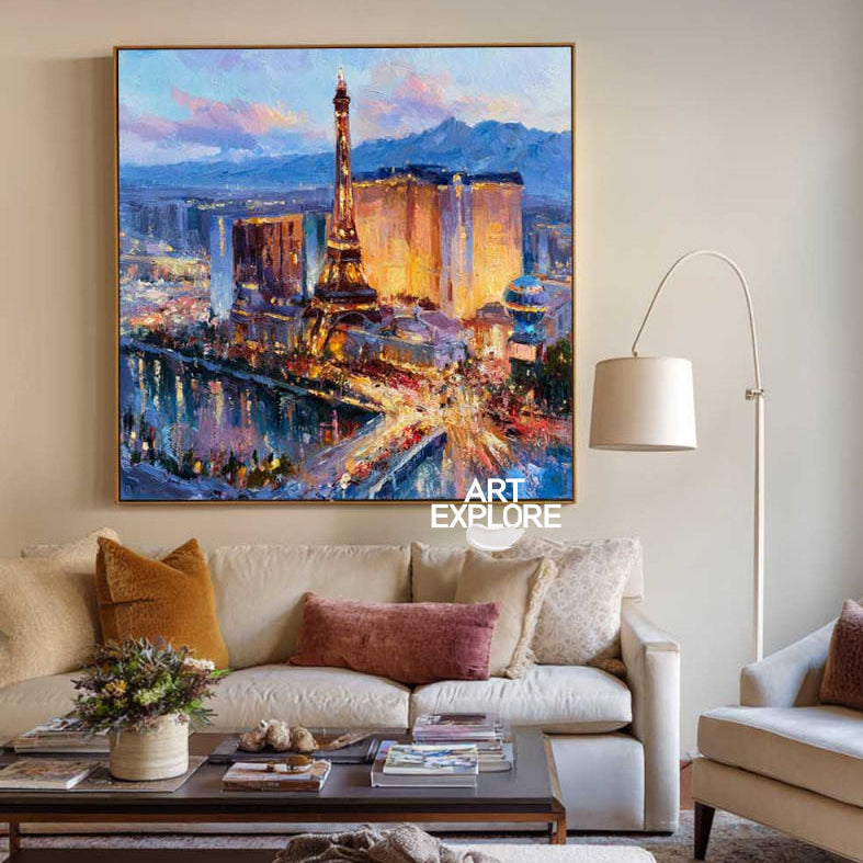 Hand-Painted Paris Cityscape Canvas Art With Eiffel Tower In Blue And Gold