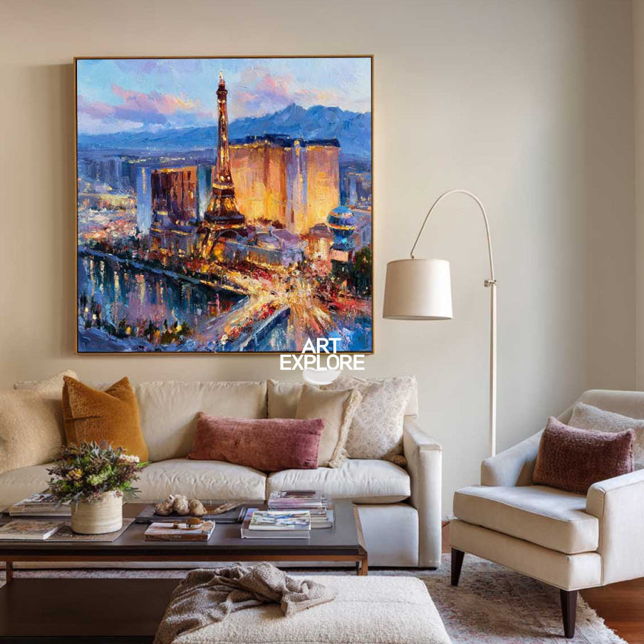 Hand-Painted Paris Cityscape Canvas Art With Eiffel Tower In Blue And Gold