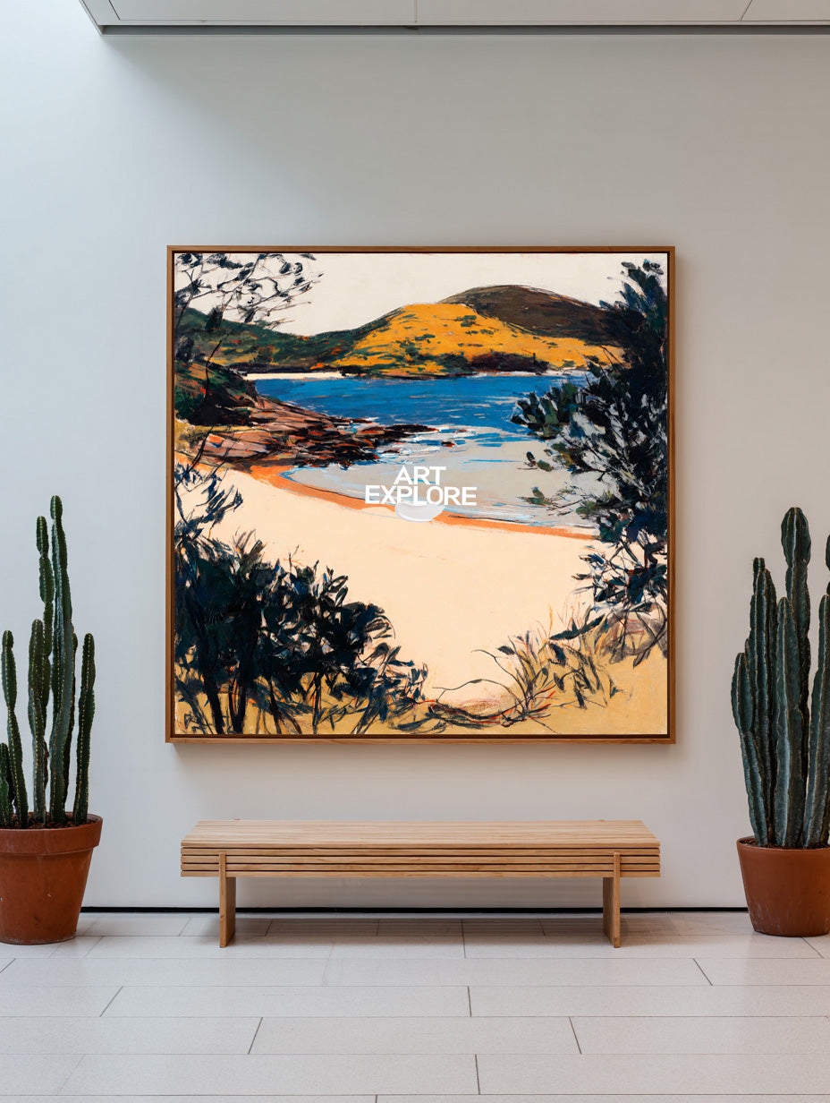 Abstract Lake Landscape Canvas Painting With Warm Golden Hills And Blue Water