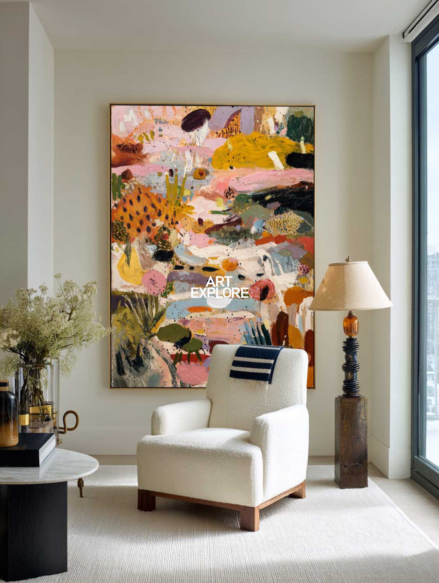 Original Pink Abstract Expressionist Painting For Modern Living Room Decor
