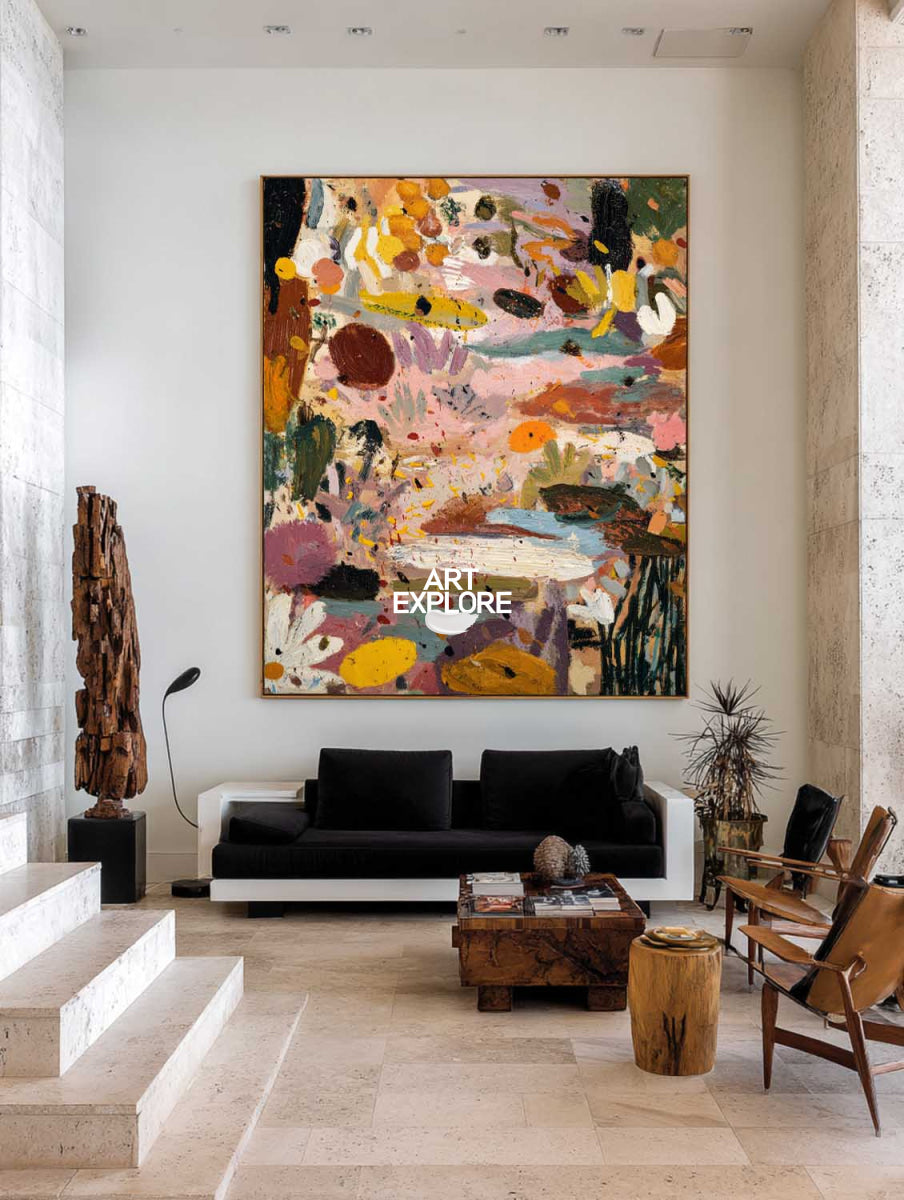 Original Pink Abstract Painting With Colorful Textured Strokes For Modern Home Decor
