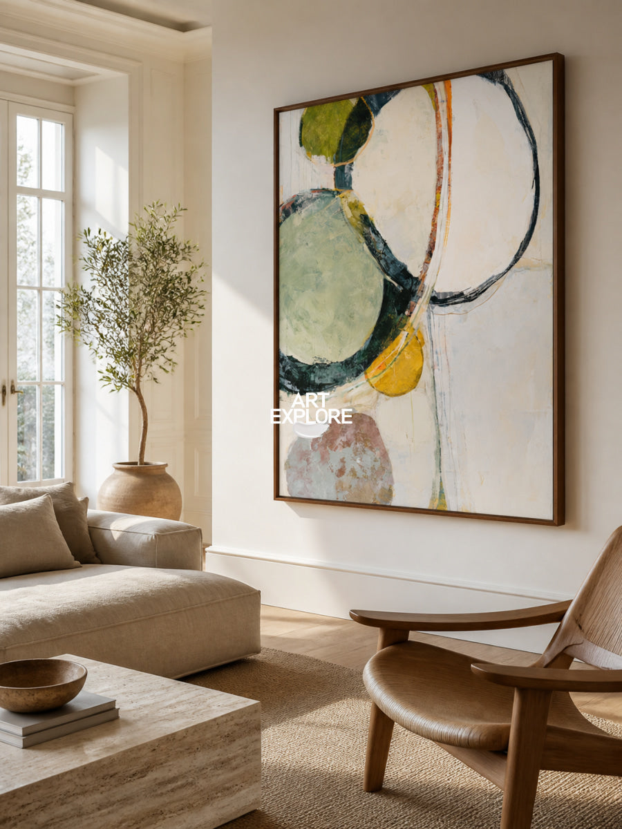 Abstract Geometric Canvas Painting With Green And Beige Tones For Modern Wall Art
