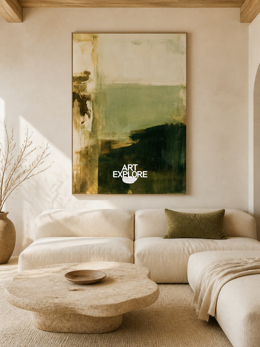 Abstract Green And Beige Canvas Painting Hand-Painted Minimalist Wall Art For Modern Home
