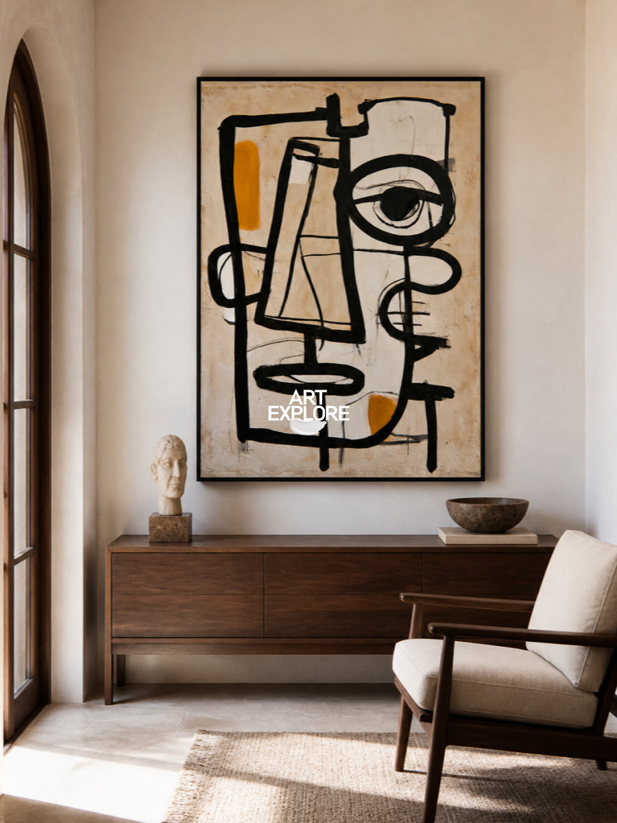 Abstract Eye Canvas Painting Minimalist Black Beige Line Art