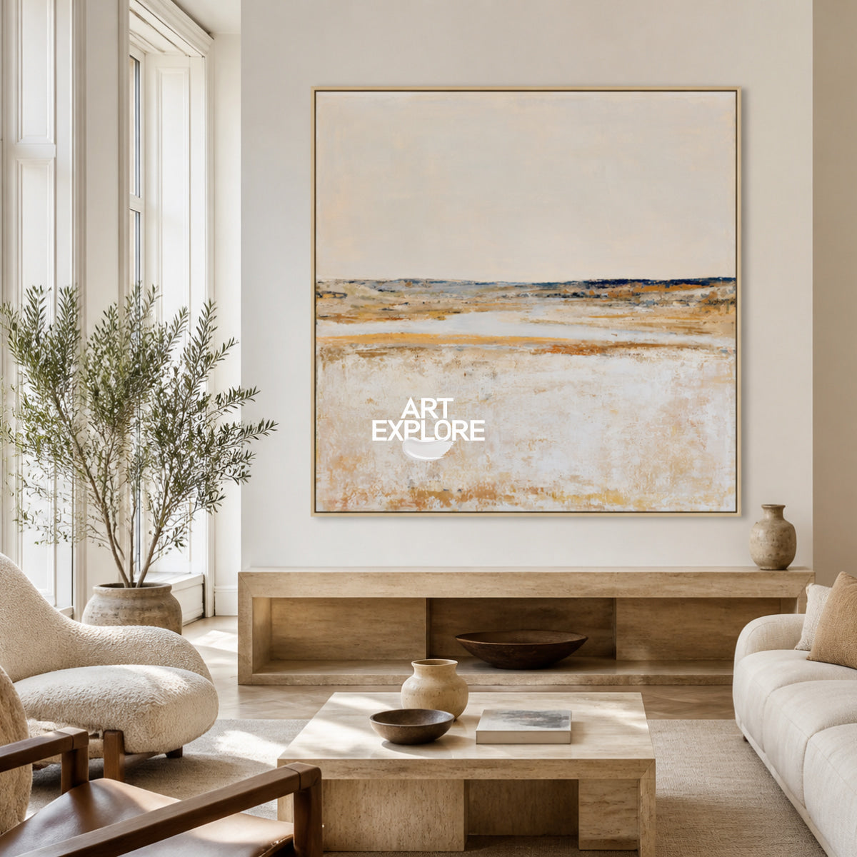 Abstract Horizon Landscape Canvas Painting In Beige And Brown Tones