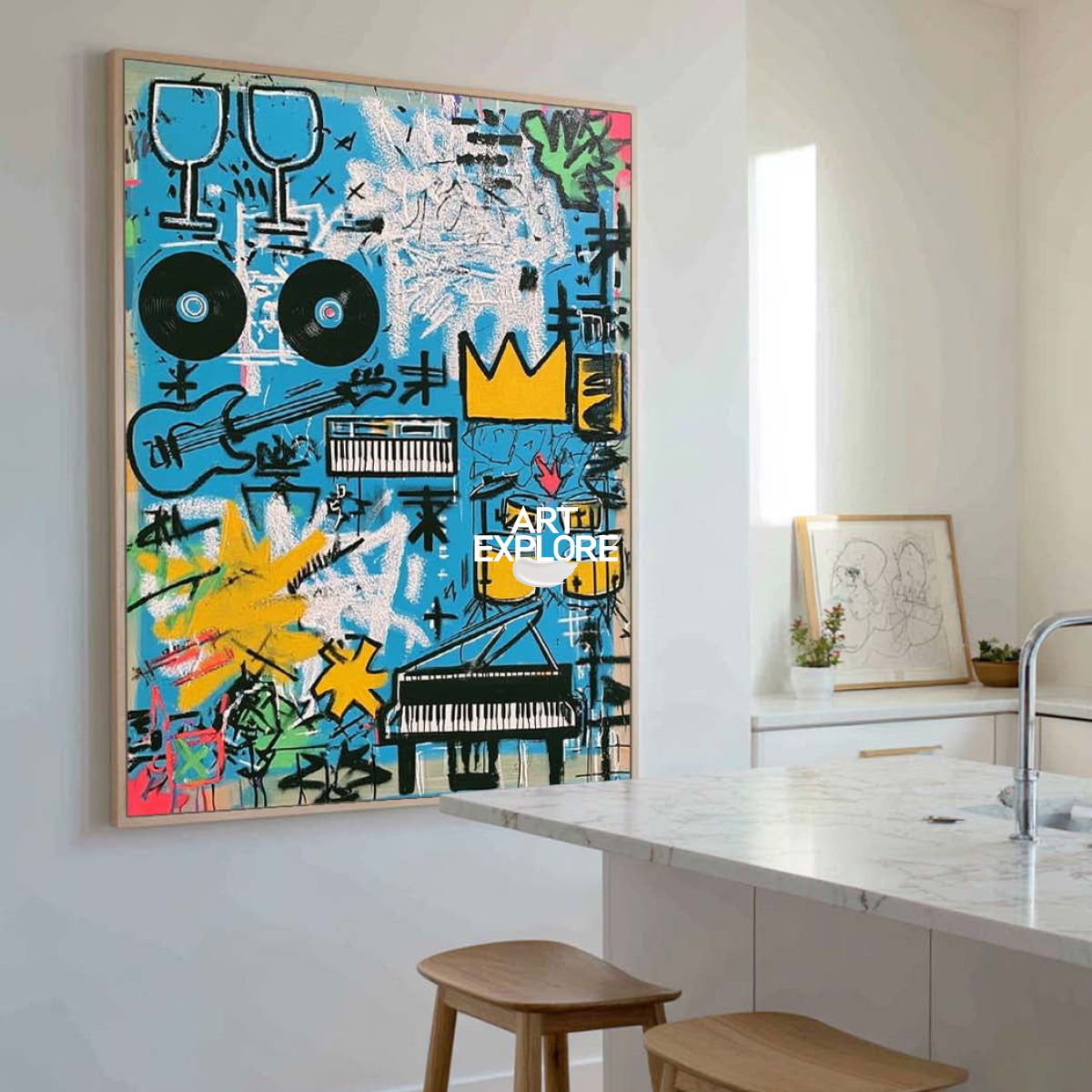 Abstract Graffiti Art Painting With Music Motifs In Blue For Modern Living Room Decor
