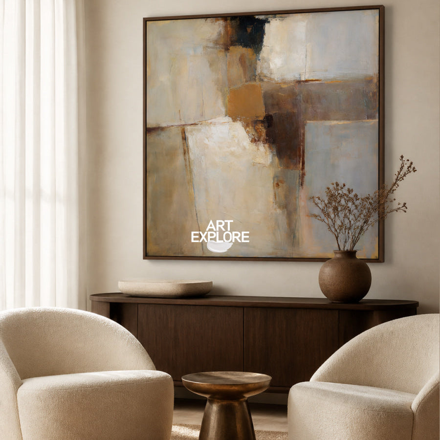 Abstract Beige And Blue Square Canvas Painting Hand-Painted Wall Art