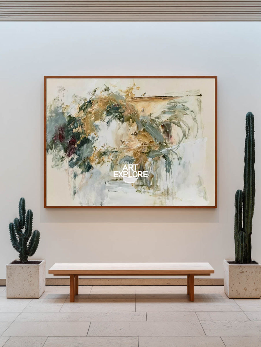 Abstract Beige And Green Canvas Painting With Textured Strokes