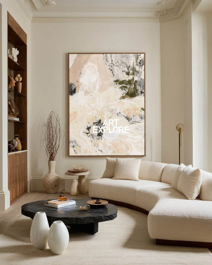 Abstract Beige Canvas Painting With White And Black Tones For Modern Wall Art