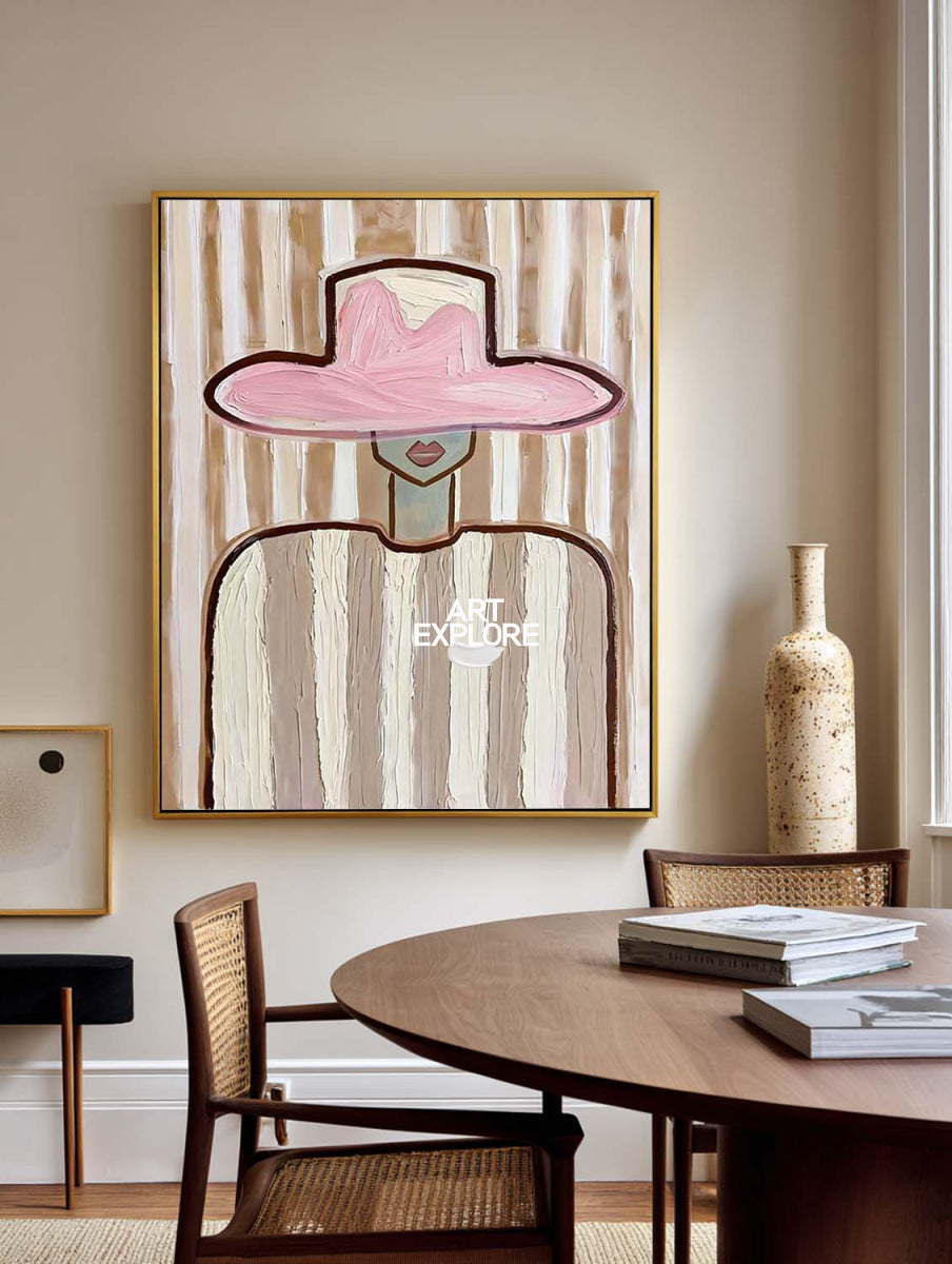 Minimalist Pink Hat Portrait Painting Brown Beige Abstract Wall Art For Living Room Vertical Canvas