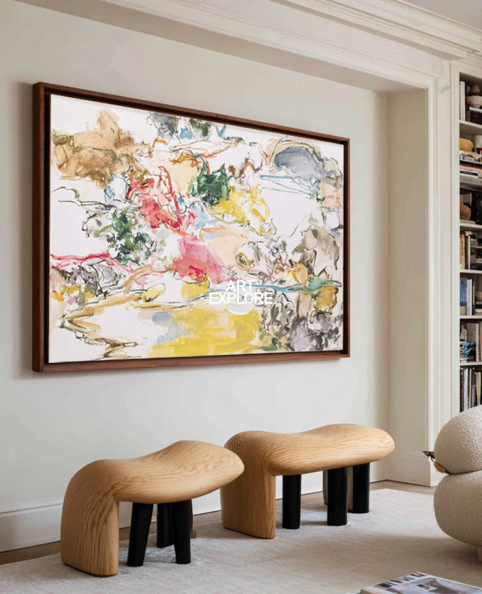Abstract Pastel Canvas Painting With Yellow Pink Tones For Modern Walls