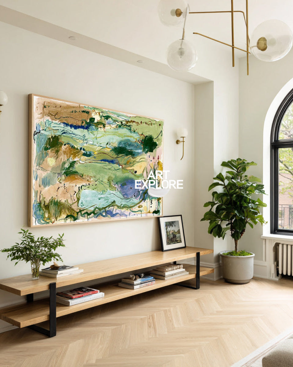 Abstract Green Landscape Canvas Painting Hand-Painted Wall Art With Blue And Beige Tones