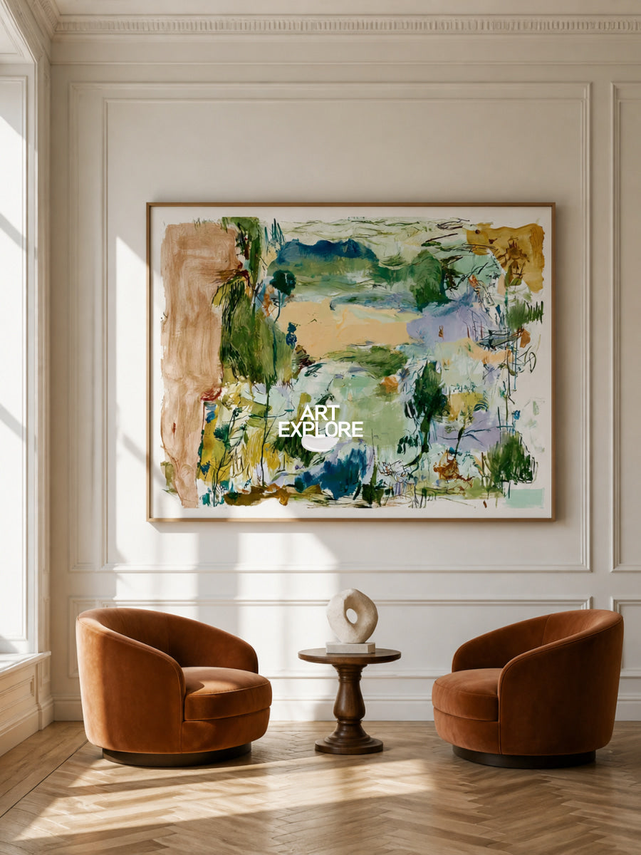 Abstract Green Landscape Canvas Painting Hand-Painted Wall Art With Blue And Beige Tones