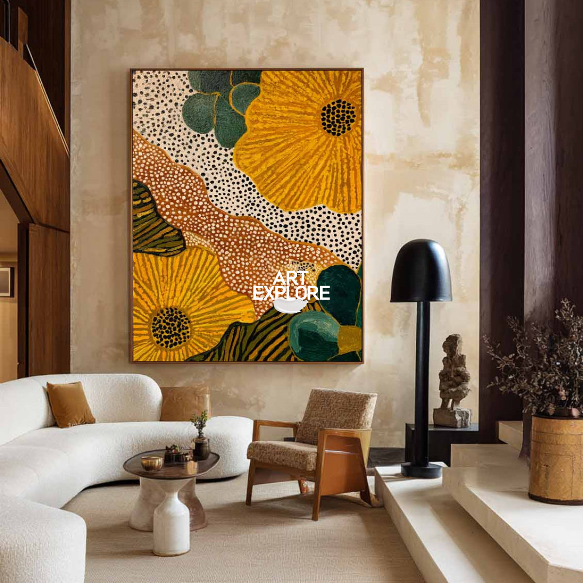 Abstract Floral Painting With Orange And Green Tones For Modern Living Room Decor